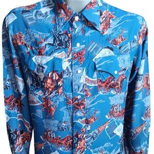 Medium Vintage Western Rayon Shirt Cowboy Print 1970's Kennington Hippie